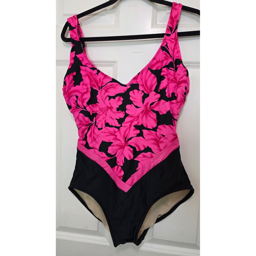 VTG Slimsuit One Piece Swimsuit 90s Womens 14 Pink Black Floral V-Neck 41640 USA
